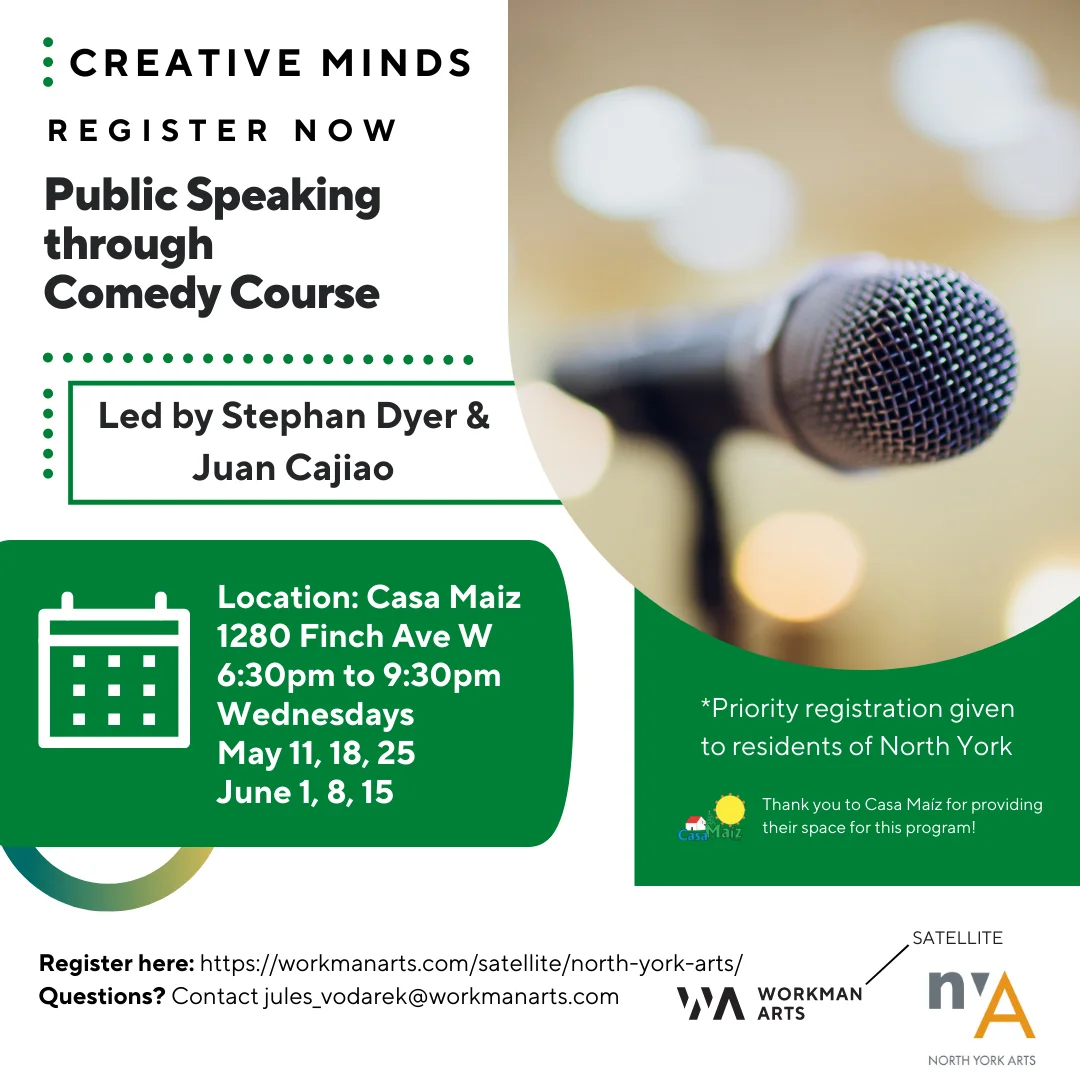 Public Speaking through Comedy Course -final poster graphic for comedy course, text and microphone