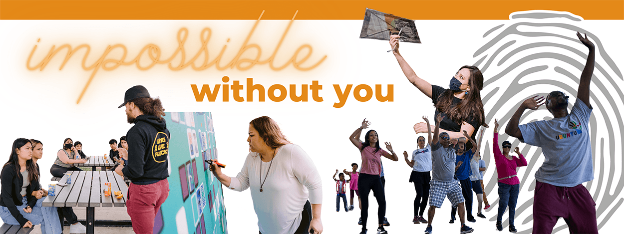 November Newsletter Headings small Text reads impossible without you. On a white background are four images of artists leading programs.