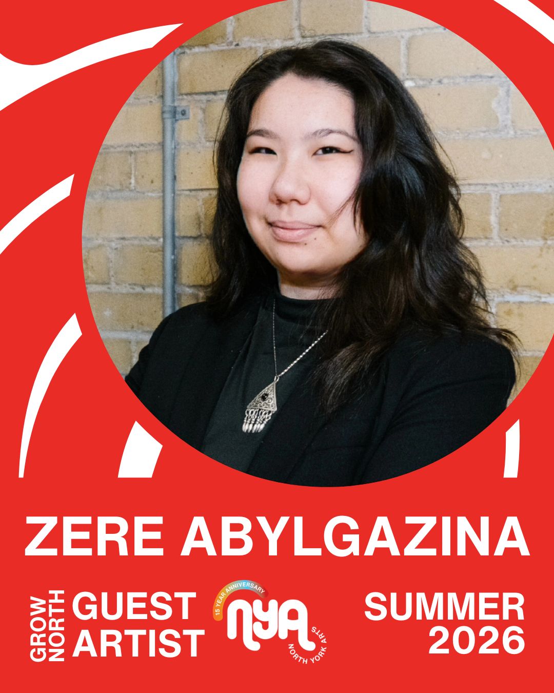 Introduction Graphic General Static Zere is a Central Asian woman with long, dark brown hair. She is pictured wearing a black top and matching blazer, paired with a Tumar, a traditional, triangular silver Kazakh amulet.